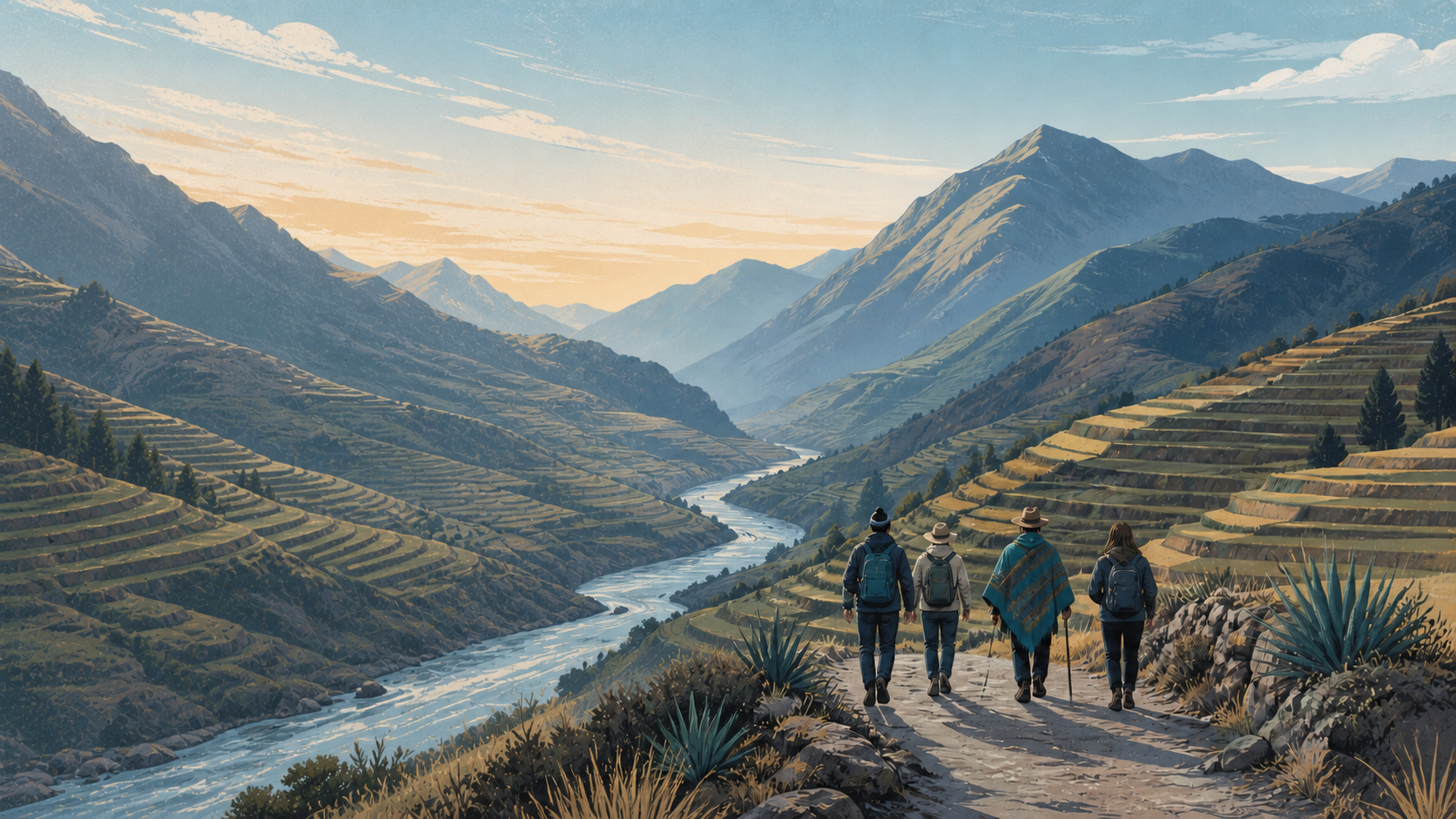 Ilustración editorial del Valle Sagrado con montañas, terrazas y viajeros acompañados por un guía local